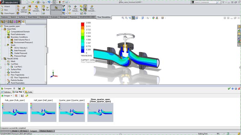 Mit dem Vergleichstool in Solidworks Flow Simulation lassen sich Ergebnisse aus verschiedenen Projekten resultierend aus Konfigurationen des gleichen Modells miteinander vergleichen. (Bild: Solidworks)