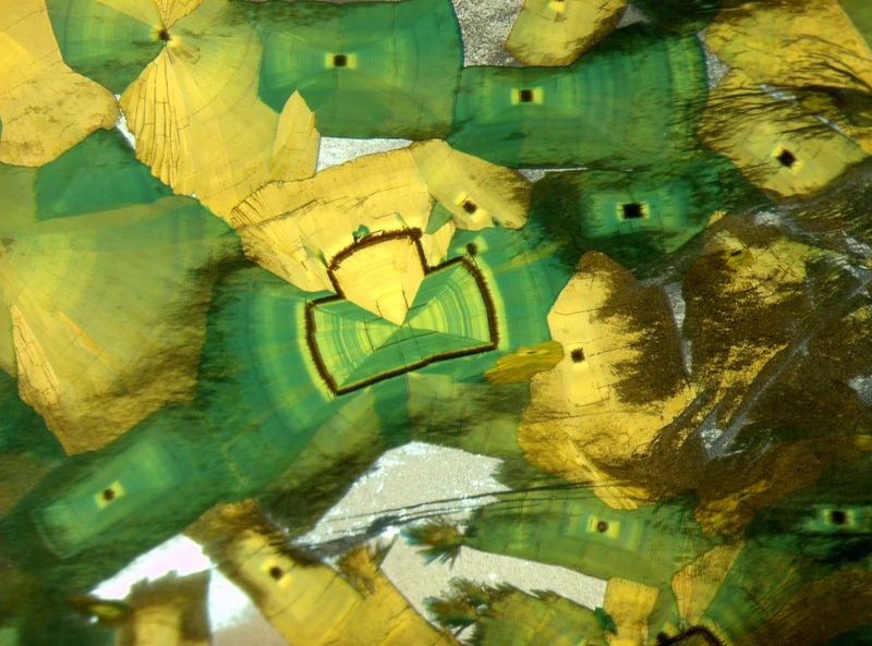 Einschlüsse von vermutlich Siderit (FeCO3) und Rutilnadeln in Bergkristall (Quarz). Fundort: Minas Gerais, Brasilien.Bei den braunen, rhomboedrischen Kristallen handelt es sich aufgrund der Morphologie und Farbe höchstwahrscheinlich um das Eisencarbonat Siderit. Die starken Interferenzfarben des ansonsten farblosen Quarzes entstehen durch die fast parallele Blickrichtung zur optischen Achse des Kristalls im polarisierten Licht. Bildhöhe: ca. 10 mm, Kombination von Auflicht (Glasfaserlicht) und Durchlicht, gekreuzte Polarisatoren, Leica MZ16 Stereomikroskop (Michael Hügi, Schweizerisches Gemmologisches Institut)