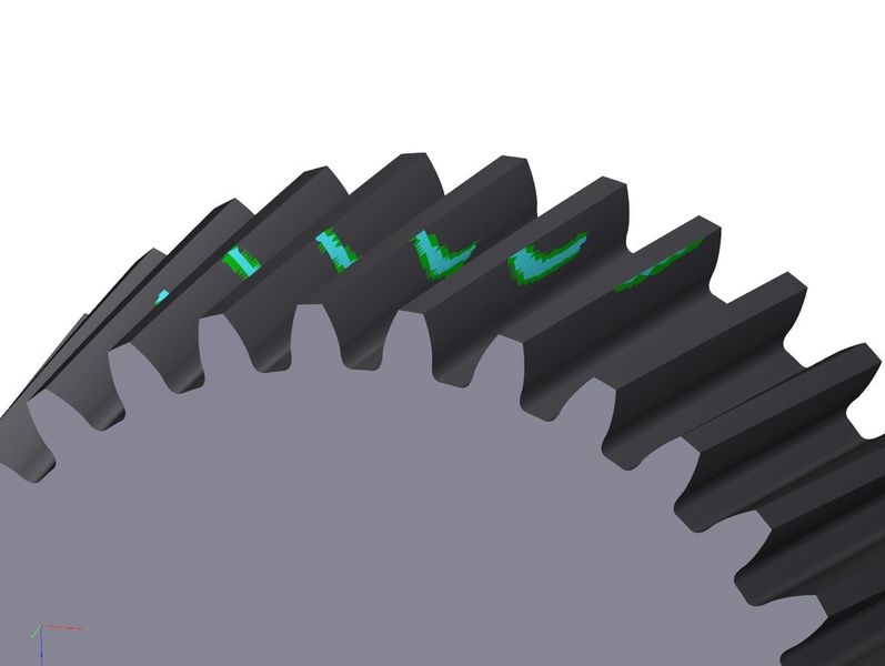 Berührbild bei einem Stirnradgloboidschneckengetriebe (C) mit Linienberührung, links mit transparent dargestellter Schnecke, rechts ohne Schnecke (Bild. Hochschule Osnabrück)