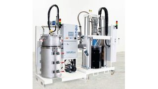 Die Vakuumabfüllanlage Tava 200 F von Tartler sorgt etwa für das störluftfreie Befüllen von 200-l-Fässern mit pastösen oder hochviskosen Fluiden. In Kombination mit dem System Nodopox 200 1K wird die Anlage auf der Fakuma und der Bondexpo zu sehen sein. (Tartler)