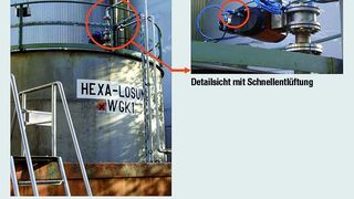 Ineos Paraform war Pilotanwender für die im Sicherheitssystem Simatic S7-400F/FH integrierte PST-Lösung von Siemens. Das Bild links zeigt den Aufbau der Sicherheitseinrichtung in einem Hexalösungstank (kleines Bild oben: Detailsicht mit Schnellentlüfter).  (Bild: Siemens)