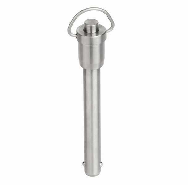 Durch Knopfdruck lassen sich die Sperrkugeln entriegeln und in den Bolzen zurückziehen. Der Bolzen kann dann in die entsprechende Verbindungsbohrung gesteckt werden. Lässt man den Knopf los, schieben sich die Kugeln wieder vor und fixieren so die Werkstücke oder Bauteile. (Kipp)