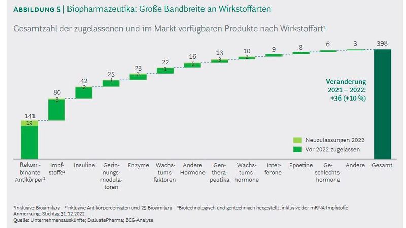 Rekombinante Antikörler, Impfstoffe und Insuline führen die Liste der biopharmazeutischen Wirkstoffe an.  (Bild: BCG Studie: Medizinische Biotechnologie in Deutschland 2023 )