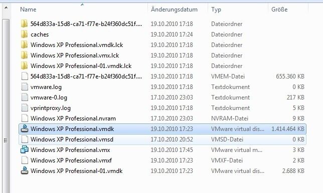Abbildung 22: Die Kontrolle zeigt eine kleine virtuelle Festplatte von ca. 1, 4 GB für Windows XP. Je nach zugewiesenem Arbeitsspeicher und Auslastung schreibt VMware noch temporäre Dateien auf die Festplatte. Für den Workshop rechnen wir hierfür die Größe des Arbeitsspeichers (640 MB). Log- und Cache-Dateien sind im Verhältnis vernachlässigbar. (Archiv: Vogel Business Media)