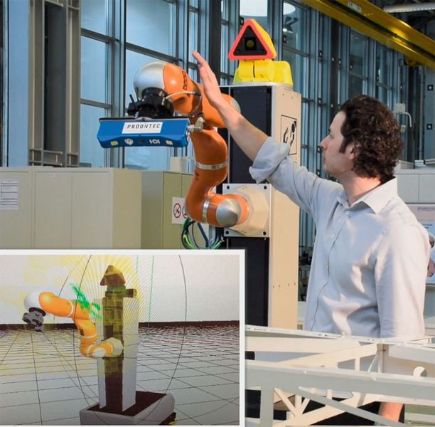 Ein optisches Arbeitsraum-Überwachungssystem auf dem Roboter Valeri detektiert Objekte nahe dem Inspektionswerkzeug und stoppt den Roboter rechtzeitig im Falle einer bevorstehenden Kollision. (Bild: Fraunhofer-IFF)