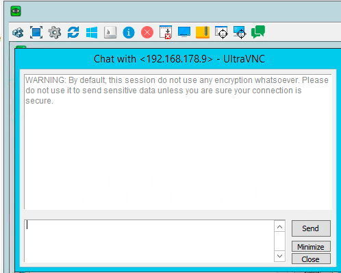 In UltraVNC steht nach dem Verbindungsaufbau eine Symbolleiste zur Verfügung, über die Administratoren auch einen Chat mit Benutzern durchführen können. (Joos)