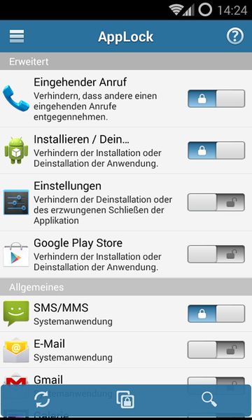 Apps absichern: Sollte doch einmal jemand den Code knacken, schafft eine weitere Sicherheitsmaßnahme Abhilfe: Das kostenlose Tool AppLock. Damit lassen sich Apps mit wichtigen Daten, wie z.B. eMail oder Dropbox, durch eine zusätzliche PIN sperren. AppLock selbst ist ebenfalls durch eine PIN geschützt und nur nach deren Eingabe deinstalliert werden. (Bild: Google Play)