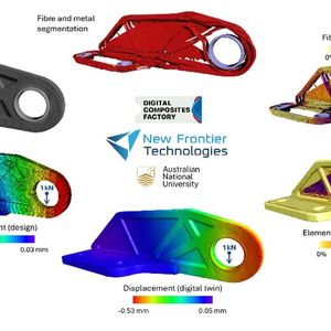 In der Kategorie Digitalisierung, KI und Daten hat das australische Unternehmen New Frontier Technologies den Award für die Entwicklung eines einen digitalen Zwillings von Verbundwerkstoffbauteilen, der auf fortschrittlicher CT-Bildgebung und maschinellem Lernen basiert, erhalten. 3D-Bildgebung und digitale Zwillingssimulationen ermöglichen eine unübertroffene Qualitätsanalyse und Leistungsvorhersage für Verbundwerkstoffkomponenten. Die hochauflösende Röntgen-Computertomographie (CT) erfasst interne Merkmale (Hohlräume, Fasern) von hergestellten Teilen im Mikrometerbereich. Die Algorithmen für maschinelles Lernen segmentieren diese Merkmale, um eine präzise Messung des Hohlraums und der Verteilung, der Teilegeometrie sowie des Fasergehalts und der Faserorientierung zu ermöglichen. Anschließend wird ein 3D-Netz mit allen internen Merkmalen erstellt und in einen digitalen Zwilling integriert, um eine realitätsgetreue Finite-Elemente-Simulation des gefertigten Teils zu ermöglichen.(Bild:  New Frontier Technologies)