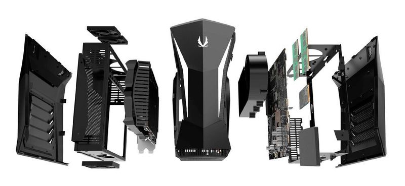 Der Aufbau des Zotac MEK Mini. Die Grafikkarte steht aufrecht in dem kompakten Gehäuse. (Zotac)