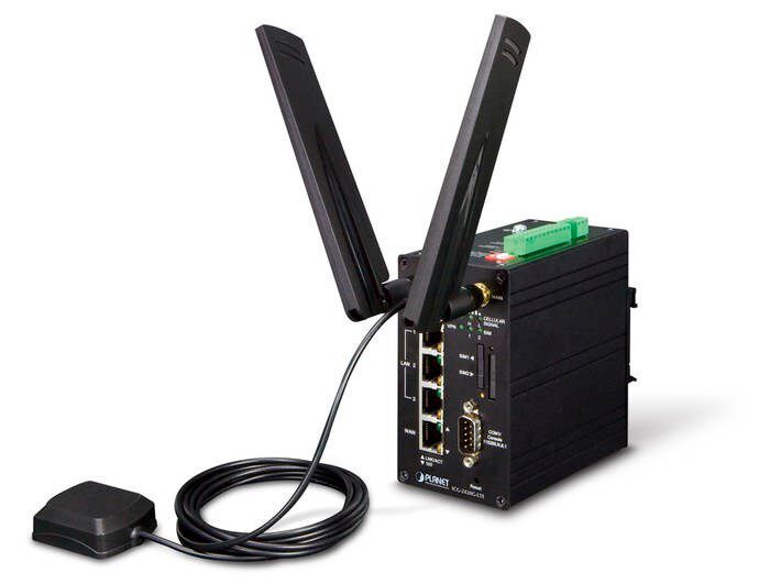 PLANET ICG-2420G-LTE von Planet Technologes ist ein breitbandiges Kommunikations-Gateway in Industriequalität für anspruchsvolle mobile Anwendungen wie M2M- und IoT-Implementierungen. Es verfügt über 4G LTE, vier Ethernet-Ports (drei LAN und ein WAN), serielle Ports, DI- und DO-Schnittstellen und VPN-Technologie, gebündelt in einem kompakten und dennoch robusten Aluminiumgehäuse. Zwei SIM-Karten sorgen für Netzwerkredundanz. Mit einer GPS-Antenne kann das Gateway über ein Navigationssystem lokalisiedrt werden. (Halle 2 / 2-545)  (Bild: Planet)