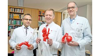 Dr. Hazem El Beyrouti (l.), Prof. Vahl (Mitte) und Prof. Dorweiler (r.) mit verschiedenen 3D-Aorten-Modellen.  (Universitätsmedizin Mainz)