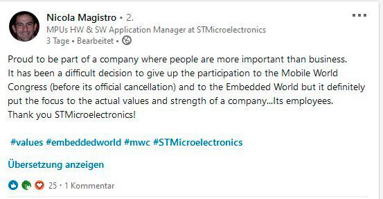 Ein Ingenieur von STMicroelectronics lobt auf LinkedIn die Entscheidung seines Arbeitgebers, zum Schutz der Mitarbeiter die Messebeteiligungen abzusagen. STMicro ist 