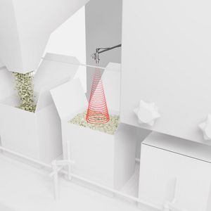 Das ist eine Möglichkeit für den Einsatz der neuen Leuze-Ultraschallsensoren im Verpackungsbereich. Hier sieht man einen Sensor des Typs HTU218, der granulatartige Produkte erfasst.(Bild:  Leuze)