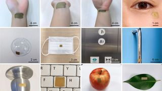 Stretchy sensor. Although very thin, the gold nanomesh sensor is very durable and can be stretched and deformed without breaking. Therefore, it can be adhered to many different kinds of surfaces — not just human skin — for different sensing purposes.  (Source: ©2022 Goda et al.)