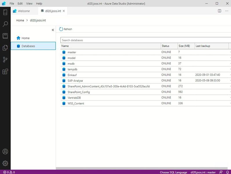 Nach der Verbindung mit einem SQL-Server können die verschiedenen Datenbanken des Servers verwaltet werden. (Bild: Joos/Microsoft (Screenshot))