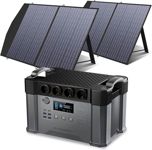 Die tragbare Powerstation weist eine Ausgangsleistung von 2.000 Watt auf und ist mit einem 1.500 Wh Akku ausgestattet. Das faltbare 100-W-Solarpanel lädt den Generator mit max. 500 W innerhalb von 3,5 h vollständig auf. Die Ladung über Steckdose und Solarpanel erfolgt in ca. 2 h bei max. 900 Watt. Die tragbare Powerstation von ALLPOWERS ist Preis-Leistungssieger bei vergleich.org. Der Preis liegt bei ca. 1.900 Euro. (Bild: Allpowers / gefunden auf amazon.de)