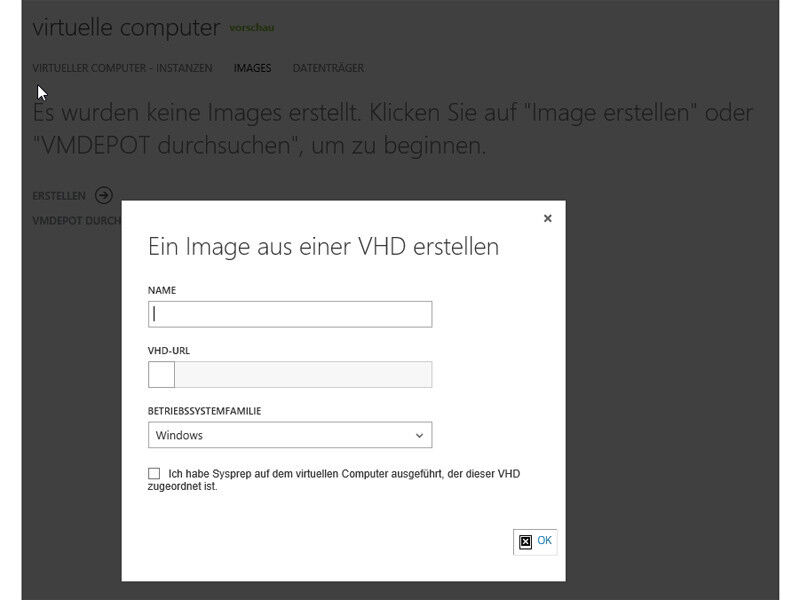 Über die Auswahl von Images erstellen Sie eigene Betriebssystem-Images in Windows Azure. Diese Image können Sie neuen virtuellen Computern zuweisen. (Bild: Joos/Microsoft)