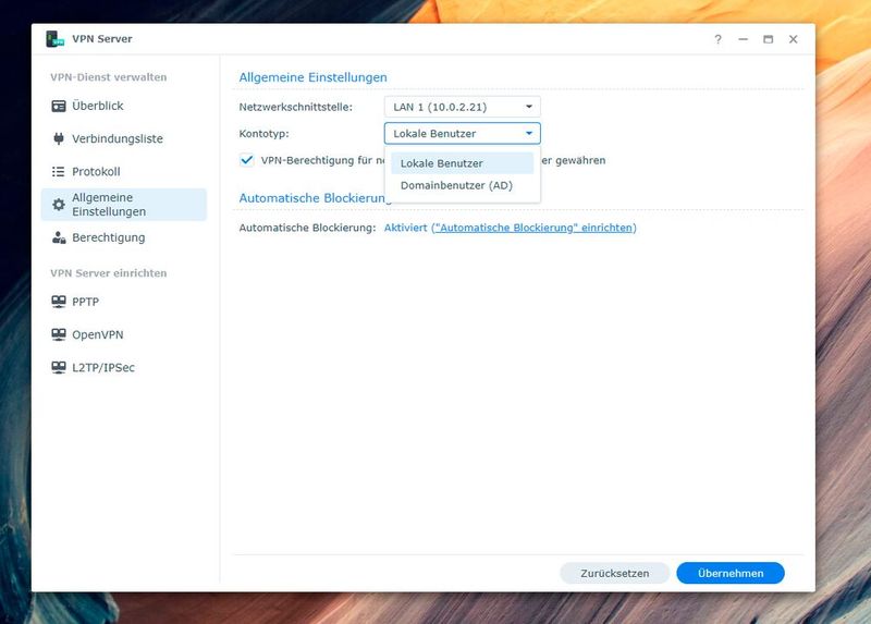 Anpassen der Netzwerkschnittstellen und Authentifizierung für VPNs auf dem Synology-NAS. (Bild: Joos - Synology)