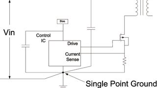 Bild 1: Bei der einfachen zentralen Masseverbindung bekommt die Sourceleitung eine beträchtliche Induktivität. (Bild: TI)