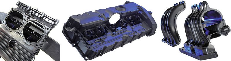 Bild 4: Produktbeispiele, bei denen Haimer die Projektierung übernommen hat: von der Entwicklung zu den Prototypen, dem Bau der Werkzeuge bis hin zur Abmusterung der Vorserie. Von links: Verkleidungsteil, Ölwanne, Saugrohr. (Haimer)