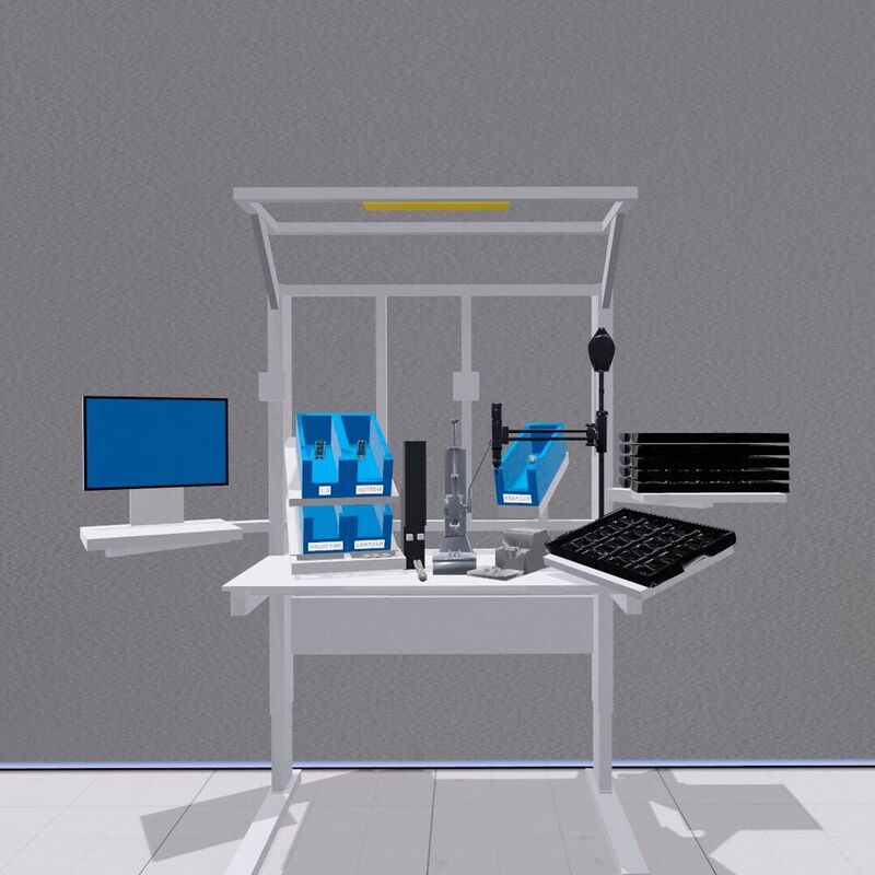 Der Montagetisch im virtuellen Fabrikraum: Die Projektteilnehmer können sich über eine VR-Brille mit ihrem Avatar frei im Raum bewegen und die Montageabläufe am Tisch testen.