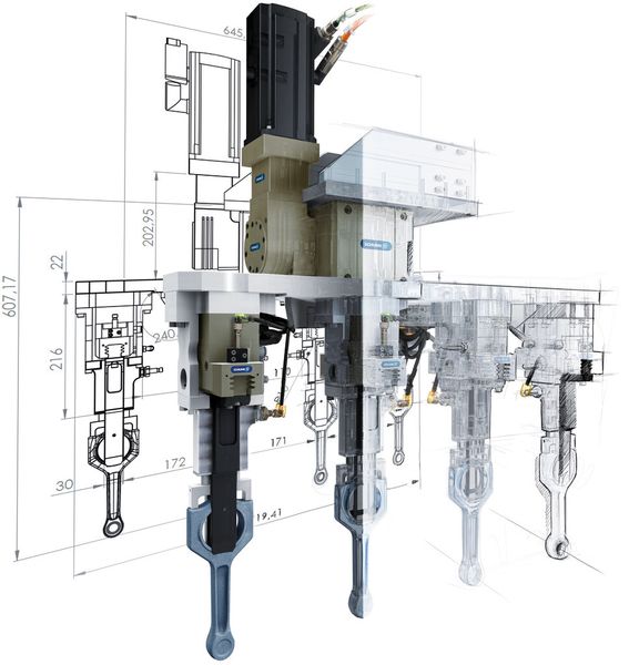 Gemeinsam stark: Der Pleuelgreifer von Schunk kombiniert ein mechatronisches Drehmodul mit pneumatischen Universalgreifern. (Archiv: Vogel Business Media)
