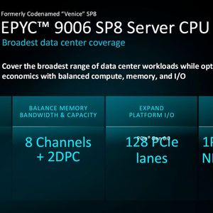 Die Epyc-9006-Prozessoren für den kleineren Sockel SP8 warten mit acht Speicherkanälen auf. Hier reicht die maximale Anzahl der Zen-6c-Cores bis zu 128.(Bild:  AMD)