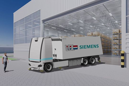 3D-Rendering eines Warehouses mit offenem Rolltor und Lagerkisten auf Regalen.(Bild:  Siemens)