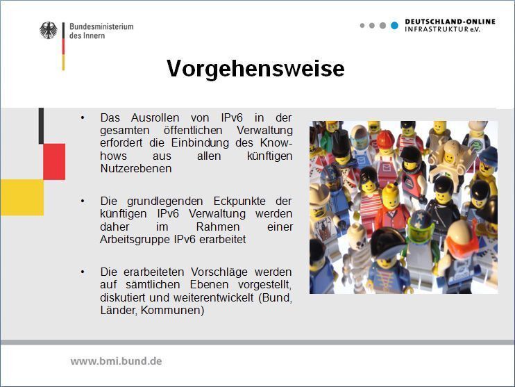Das achtköpfige Team um Constanze Bürger sammelt und koordiniert die Erfahrungen, die auf allen Ebenen mit IPv6 gemacht werden. Verbindliche Vorschriften für IPv6-Projekte kann und darf es hingegen nicht geben - zum einen wegen des föderalen Systems in Deutschland, zum anderen, weil alles noch neu ist und es kaum übertragbare Erfahrungen gibt. (Archiv: Vogel Business Media)