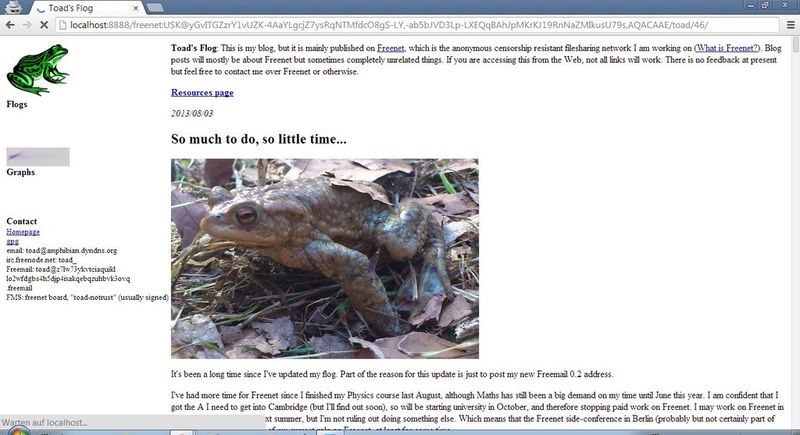 Einmal angekommen gleichen die Freenet-Seiten klassischen Webpages. Im Bild das Freelog (“Flog”) von Entwickler “Toad”. (Bild: Screenshot/Freenet)