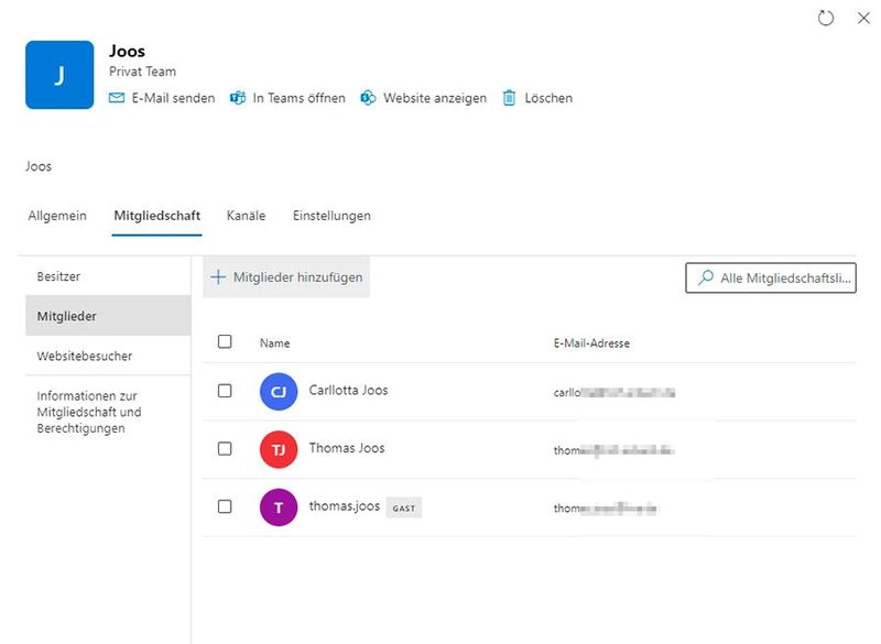 Anzeigen der Mitglieder und Gäste eines Teams.  (Bild: Joos)