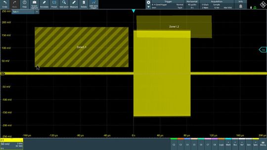 Figure 1: Zone triggering complements the oscilloscope trigger functions by allowing the user to graphically define one or more zones to be cut or not cut from the signal. The oscilloscope only displays the recordings that match the zone conditions and discards the remaining recordings. In the example, an RF chirp pulse was isolated by zone triggering.(Picture: Rohde & Schwarz)