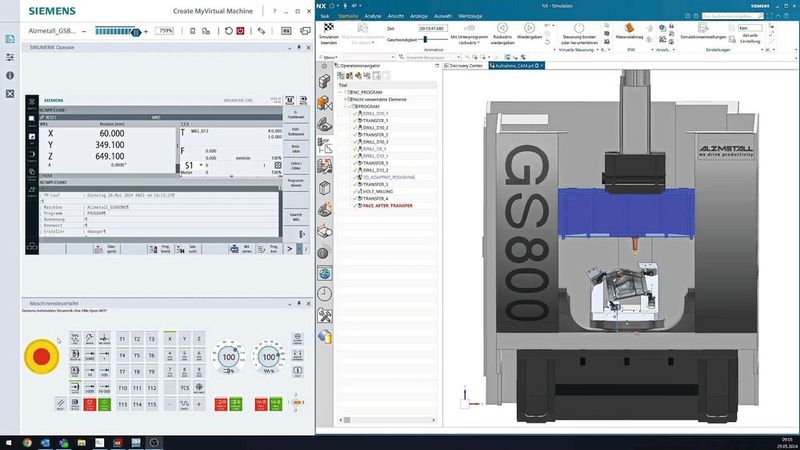 The run-in process for new parts at Hanomag Aluminium Solutions is carried out using the Siemens Virtual NC Controller Kernel on a computer model based on the real control software. This also allows the simulation of manually generated NC code. (Image:d.u.h. Group)