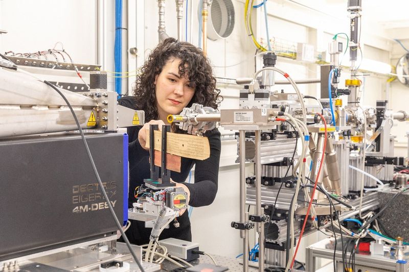 Laura Gallardo posiziona un manoscritto su foglia di palma per l'analisi ai raggi X presso la stazione di misurazione P62 del DESY.(Immagine: DESY, Marta Mayer)