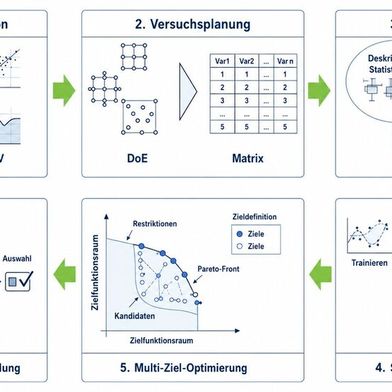 Bild 1: Arbeitsablauf von „DoExpert“ – von der Problemdefinition über Versuchsplanung, Modellbildung und Optimierung bis zur Auswahl der besten Lösung, anhand mehrerer Bewertungskriterien (Screenshots der Benutzeroberfläche). (Bild: HFU / KSF)