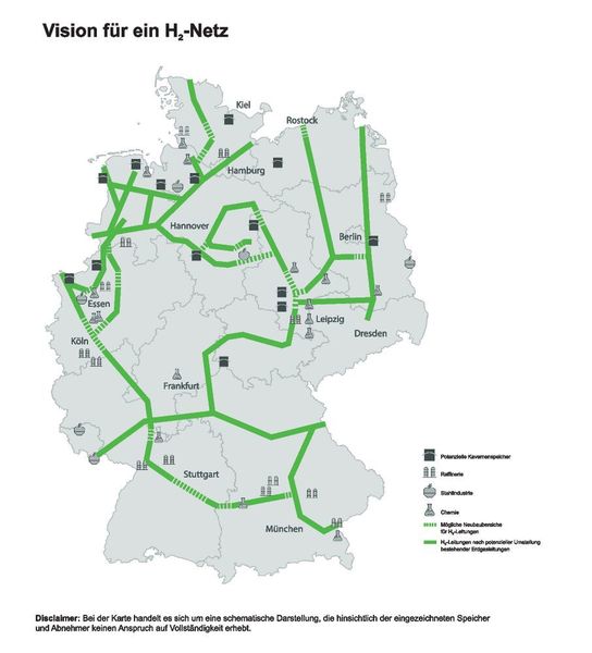 Vernetzt denken: So stellen sich deutschlands Fernnetzbetreiber ein mögliches Wasserstoff-Netzwerk für die Republik vor. Die Vision umfasst insgesamt 5900 km Rohrleitungen und basiert zu 90 Prozent auf dem bestehenden Erdgasnetz (FNB)