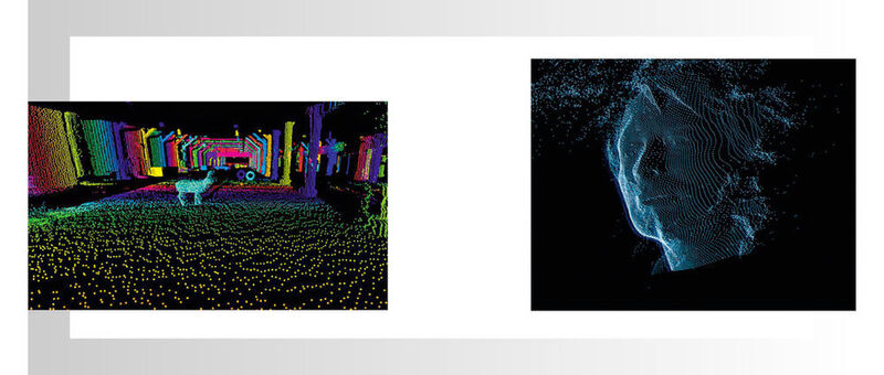 Einblicke in die Zukunft: Ein Lidar filmt nicht, er tastet per Laser seine Umgebung ab. Straßen, Gebäude oder auch Personen – wie hier Thom Yorke, den Sänger der Band Radiohead, im preisgekrönten Video „House of Cards“, das mit Lidar-Technologie realisiert wurde. (Luminar (links), Xurbia _Xendless Ltd. (rechts))