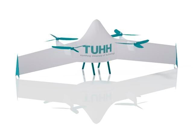 Die TU Hamburg hat „Hecto-r“ entworfen. Die Drohen ist eine Mischung aus Quadcopter und einem Blended-Wing-Heckstarter und kombiniert vertikalen Start mit einem schnellen Reiseflug. Um Masse und Kosten zu senken, werden fast alle Komponenten aus kohlefaserverstärkten Polymeren hergestellt. Hecto-r kann flexibel auf den klappbaren Stelzen landen.  (TU Hamburg)