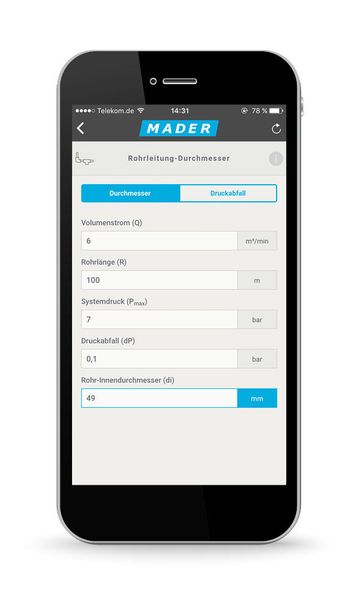 Mit der App Mader Calculat-Air können schnell und einfach Druckluftkennzahlen berechnet werden.
 (Mader)