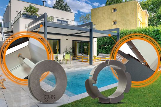 Schmierfrei, UV-beständig, korrosionsfrei und frostresistent: Sunilux nutzt in seinen elektrischen Pergolen Gleitlager und Anlaufscheiben aus «iglidur G» sowie Doppelbundlager aus «iglidur M250». (Bild:  igus SE & Co. KG)