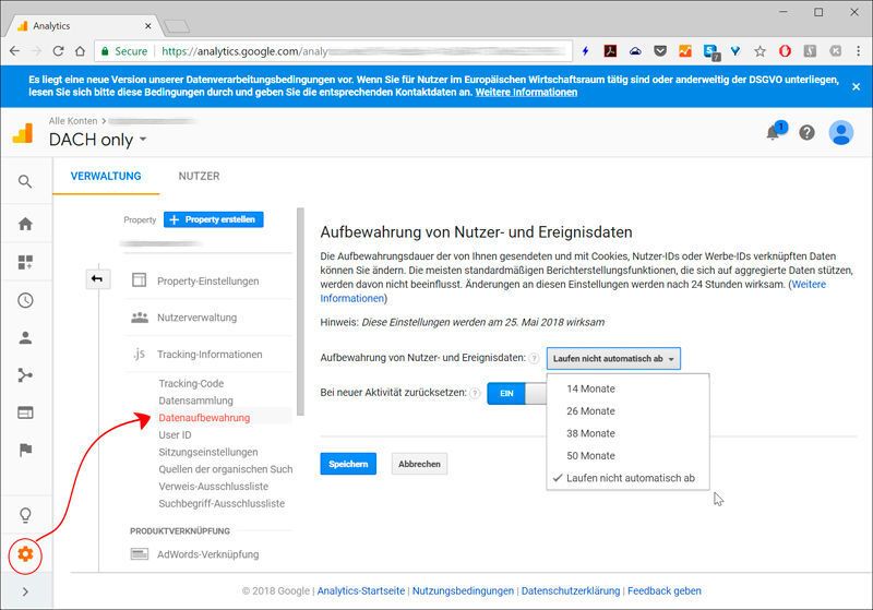 Neue Datenerhaltungskontrollen einstellen: Im Bereich der Datenerhaltungskontrollen in Google Analytics besteht die Möglichkeit, die Aufbewahrungsdauer der mit Cookies, Nutzer-IDs oder Werbe-IDs verknüpften Daten der Webseite zu ändern. (Martins/Kobylinska)