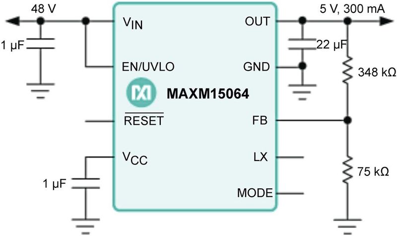 Bild 4: Der MAXM15064 benötigt nur drei Kondensatoren und zwei Widerstände für eine komplette Abwärtswandlerlösung.  (Bild: Maxim Integrated)