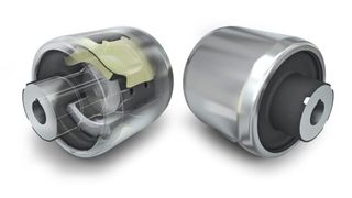 Das neuentwickelte Hydrolager von Trelleborg Vibracoustic mit speziellen Hybridstoppern aus Aluminium und Hochleistungskunststoffen, können im Extremfall Lasten bis zu etwa zehn Tonnen aushalten. (Foto: Trelleborg Vibracoustic)