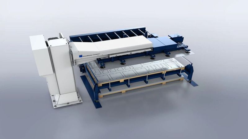 ...und der Sheetmaster Compact, der die Trupunch 3000 mit Blechen oder Zuschnitten belädt. Microjoint-Tafeln oder Restgitter entlädt das System außerdem sicher und rasch. (Trumpf)