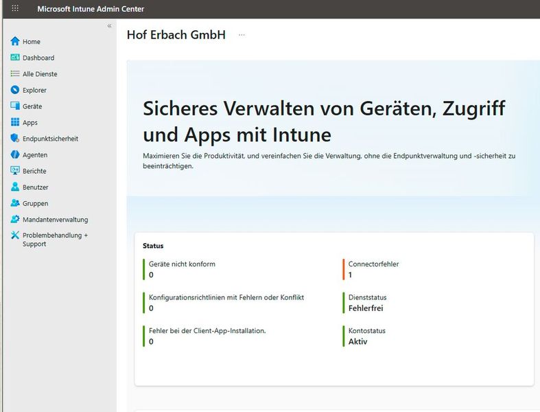 Das Microsoft Intune Admin Center präsentiert den aktuellen Verwaltungsstatus für Geräte, Richtlinien, Konnektoren und Mandantenfunktionen im Unternehmenskontext. (Bild: Thomas Joos)