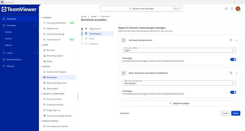 Im TeamViewer-Schritt der Richtlinie erzwingt der Administrator die tägliche Versionsprüfung und die automatische Installation neuer Versionen. (Bild: Joos - TeamViewer)
