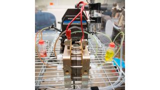 Die von den Wissenschaftlern in Harvard entwickelte organische Redox-Flow-Batterie verwendet zwei unterschiedliche Elektrolyte: 2,6-DBEAQ als negatives und ein Kalium-Ferrocyanid als positives Elektrolyt. (Eliza Grinnell)