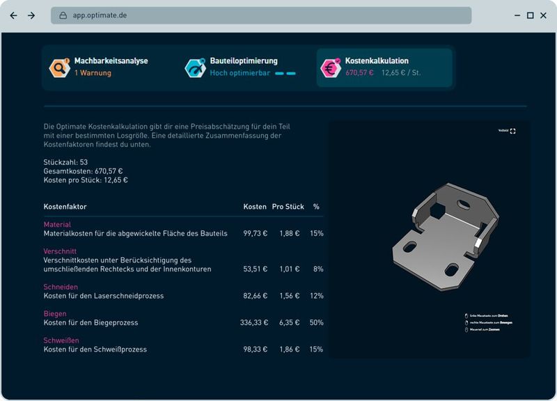 Ein neues Feature in der Web-App von Optimate, das erstmals auf der letzten Blechexpo präsentiert wurde, ist die auf künstlicher Intelligenz basierende Kostenkalkulation für Blechteile in Echtzeit.