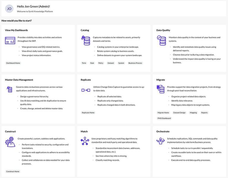 So könnte der Begrüßungsbildschirm für den Admin Jon Green aussehen. Deutlich zu erkennen sind der „Catalog“ mit der Metadaten-Verwaltung sowie die Funktion für die Verwaltung der Datenqualität. Die Stammdatenverwaltung (MDM) ist immer dabei. (Bild: Syniti)
