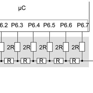 Bild 2: R2R-Netzwerk mit 8-Bit-Auflösung am Port eines Mikrocontrollers mit nachgeschaltetem Impedanzwandler.(Bild:  Hochschule Mannheim)